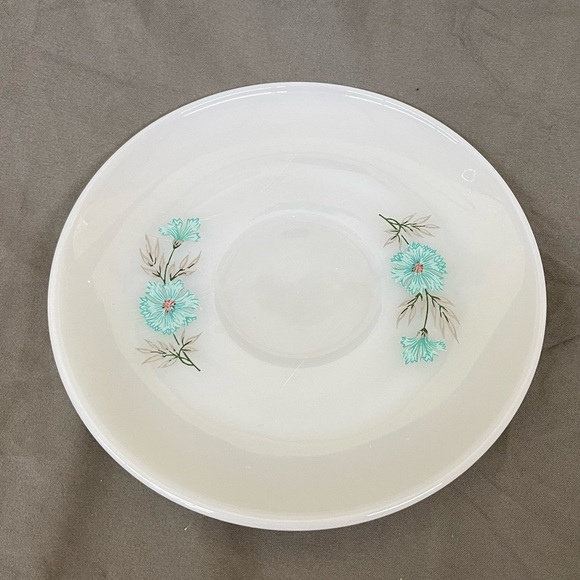 Vintage Fire King Oven Ware Milk Glass Bonnie Blue Carnation Cup and Saucer Set - Picture 3 of 8